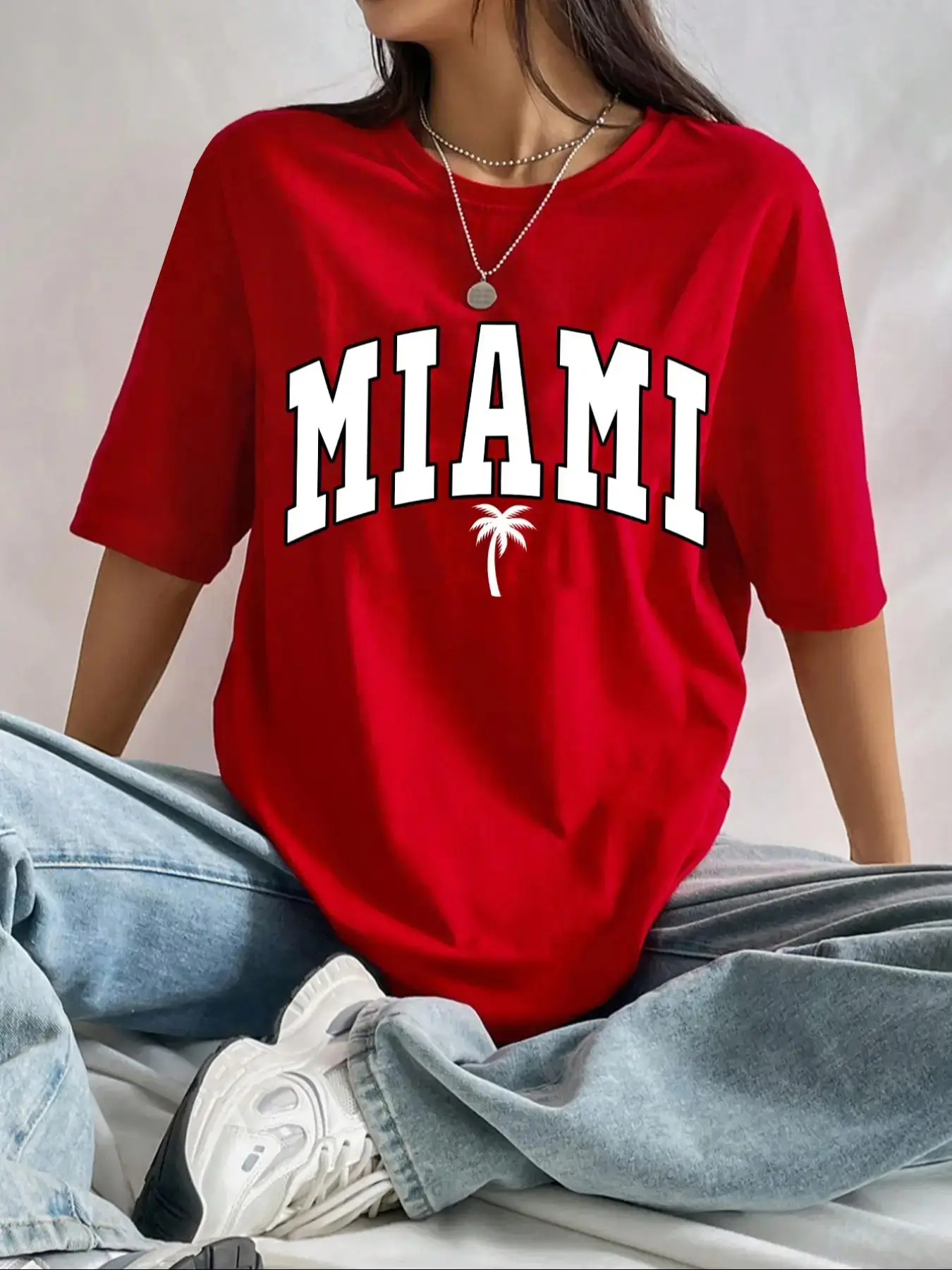 Women's Letter Print Drop Shoulder Tee, Summer Clothes Women, Casual Half Sleeve Round Neck T-Shirt for Summer, Women's Top for Daily Wear