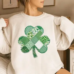 Lucky Shamrock St Patrick's Day Sweatshirt, Irish Patchwork Clover Graphic Crewneck, Trendy Holiday Game Day Style
