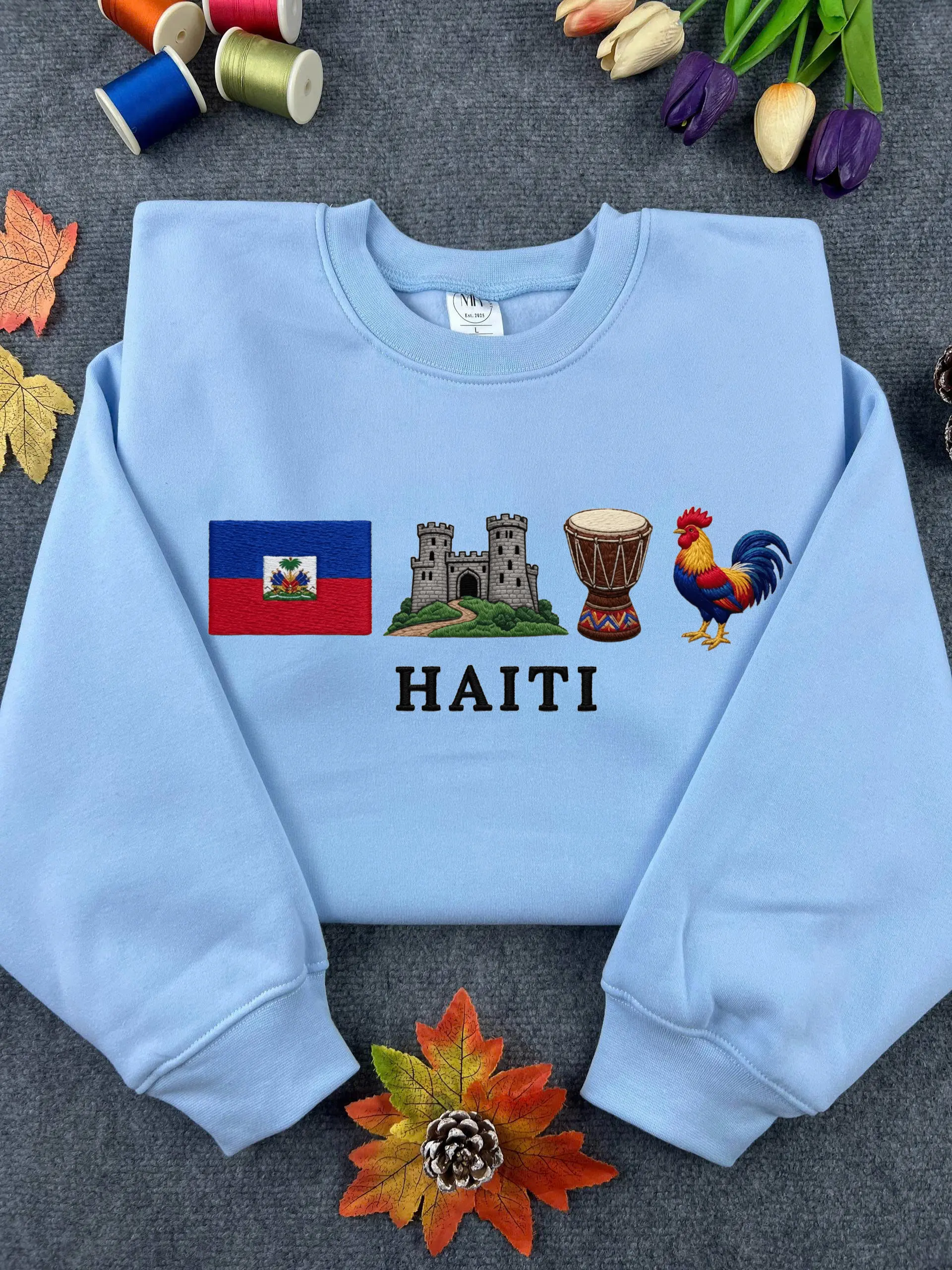 Haiti Embroidered Sweatshirt – Caribbean Travel Aesthetic Crewneck, Haiti Flag Souvenir Gift
