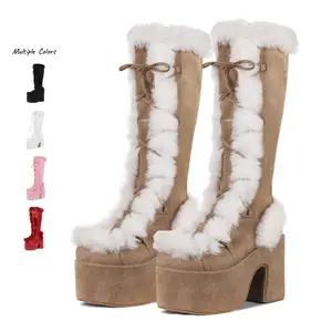 Knee High Boot for Women Chunky Heel Platform Walking Shoes Warm Faux Fur Winter Snow Boots Lace up Zipper Mid Calf Boot Winter Warm Fur Gothic Punk Chunky High Heels Snow Boots AOSPHIRAYLIAN