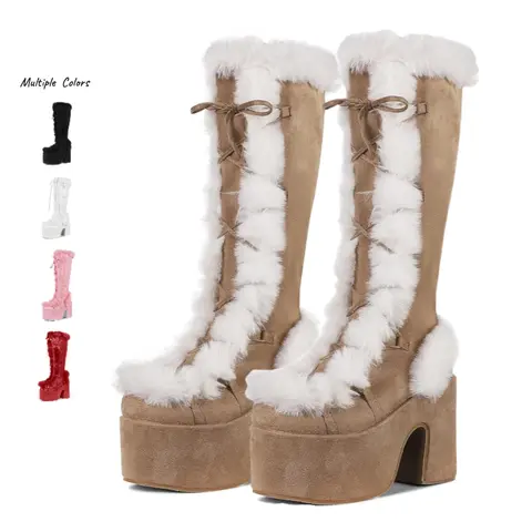 AOSPHIRAYLIAN Women's Round Toe Knee-High Punk Boots, Comfortable Heels, Chunky Wedge Adds Height, Lace Up, Side Zipper for Quick Dressing, Warm Faux Fur, Steadier Steps, Winter Snow Footwear