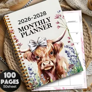 Cute Butterfly Floral Spiral Notebook, 100 Pages Monthly Planner, Girls' Gift, 2026-2028 High Mountain Cow Design, Organize Your Life