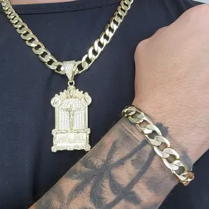 ViOrO 14K Gold Plated 10mm Cuban Link Chain with Bracelet and Zircon  Jesus Christ Pendant for Dairy Use. Electro Laminated Premium Jewelry