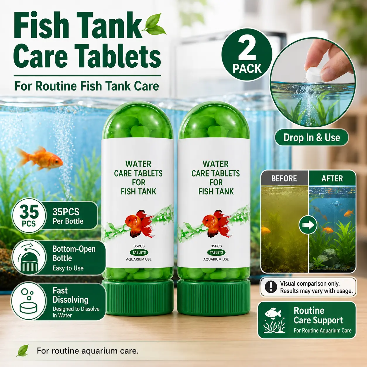 2 Pack Aquarium Water Care Tablets, 70PCS Fast-Dissolving Fish Tank Water Treatment Tablets for Clearer-Looking Water & Routine Aquarium Maintenance