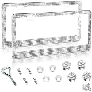 License Plate Frame for Women, 2Pack Rhinestone Handcrafted Crystal Premium Stainless Steel, Stainless Steel Car Accessories with Diamond Sparkle Glitter Caps (White)