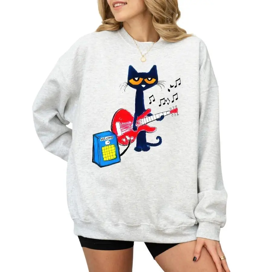Funny Cat Playing Guitar Graphic Crewneck Sweatshirt For Women, Cat‑Lover Gift Casual Long‑Sleeve Pullover for Fall Winter Daily Wear