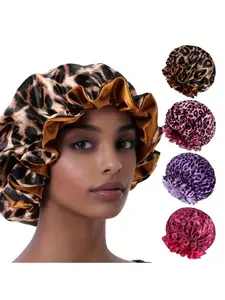 Printed Leopard Print Satin Sleep Cap, Two-Layer Design for Curly & Straight Hair, Comfortable Nightcap for Women