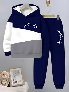 Boys' Fashion English Pattern 3D Printed Casual Hoodie Set, Sweatpants, Long Sleeve Sports Wear, Spring Fall Winter Outdoor Hoodies