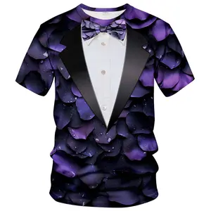 Unisex 3D Tuxedo Print T-Shirt with Purple Rose Petals & Bow Tie, Formal Party Wedding Gala Evening Event Stylish Casual Top