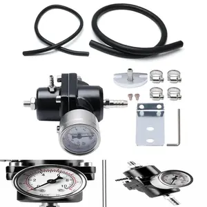 Universal Adjustable Fuel Pressure Regulator with 0-140PSI Gauge, Black Aluminum Alloy, Complete Fitting Kit & Hose, Promotes Car Performance & Fuel Efficiency