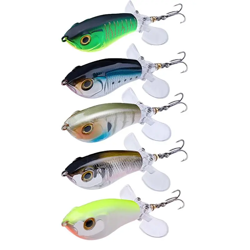 5pcs Bass Popper Lures - Topwater Whopper Popper (9g,16g,11cm) Floating Surface Walker, ABS Long Cast Spinning Mechanism Bait with Rotating Dual Propeller Tail, 3D Eyes & BKK Hooks, Topwater Fishing Equipment, for Bass Pike Saltwater, Men’s Outdoor Gifts