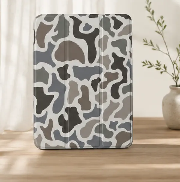 Gray Camo Tablet Case – Protective Folio Cover, Neutral Camouflage iPad Style Case
