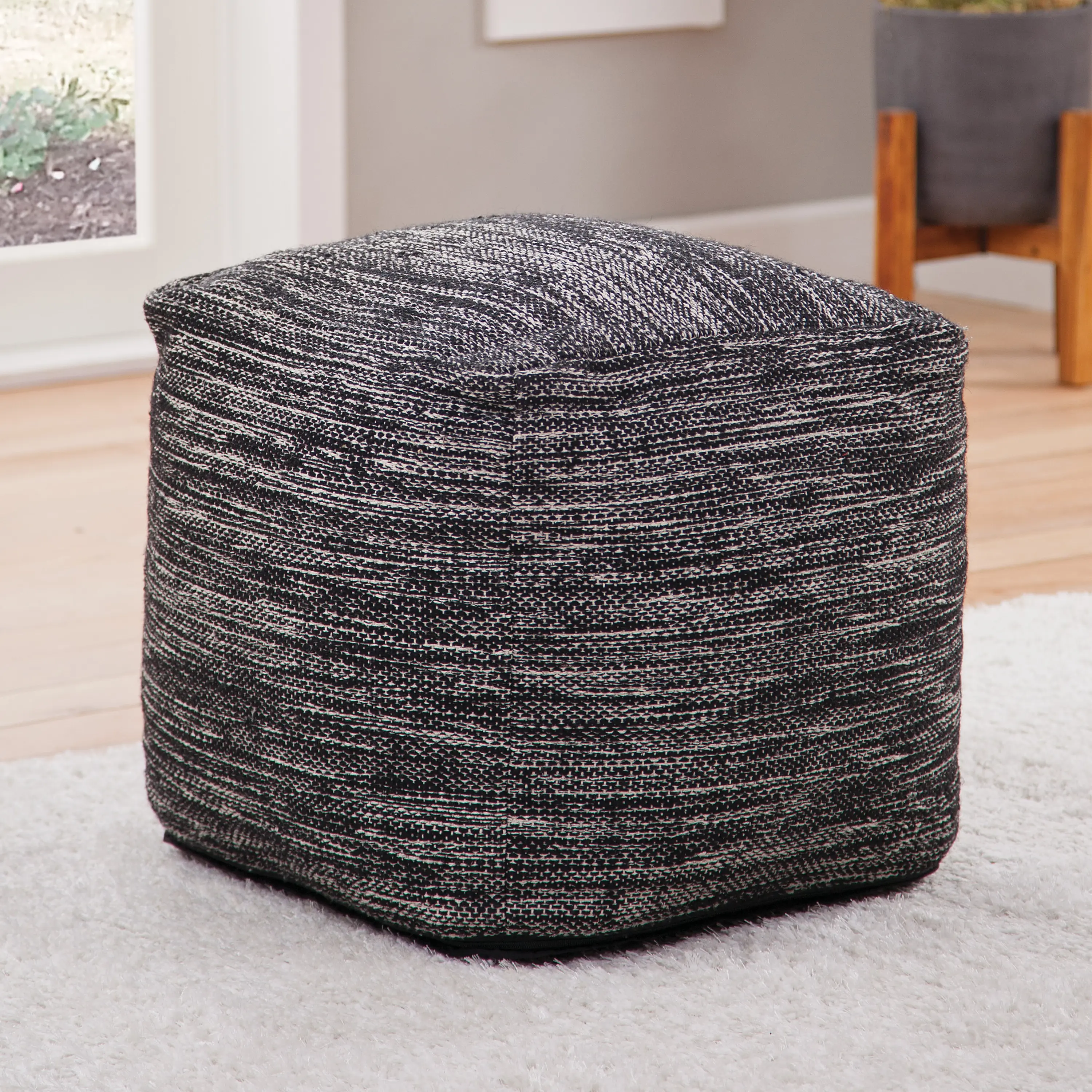SALE - Omari Square Handwoven Woolen Pouf with Midnight Pattern for Modern Home Decor 18"W x 18"D x 18"H Natural Fibers Seating Ottoman