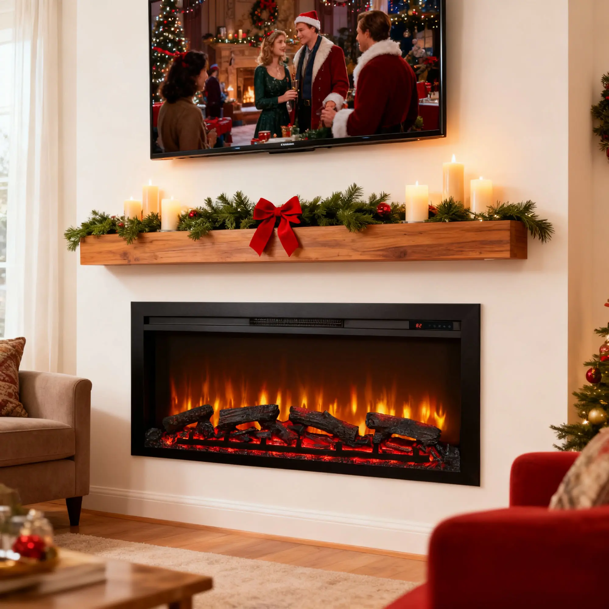 SAVEYOUR 44 Inch Wall Recessed Electric Fireplace, Remote Control LED Fireplace Heater with Realistic Imitation Flame, 11 Temperature Settings & 9H Timer, Ultra-Thin Built-in Fireplace for Living Room Bedroom