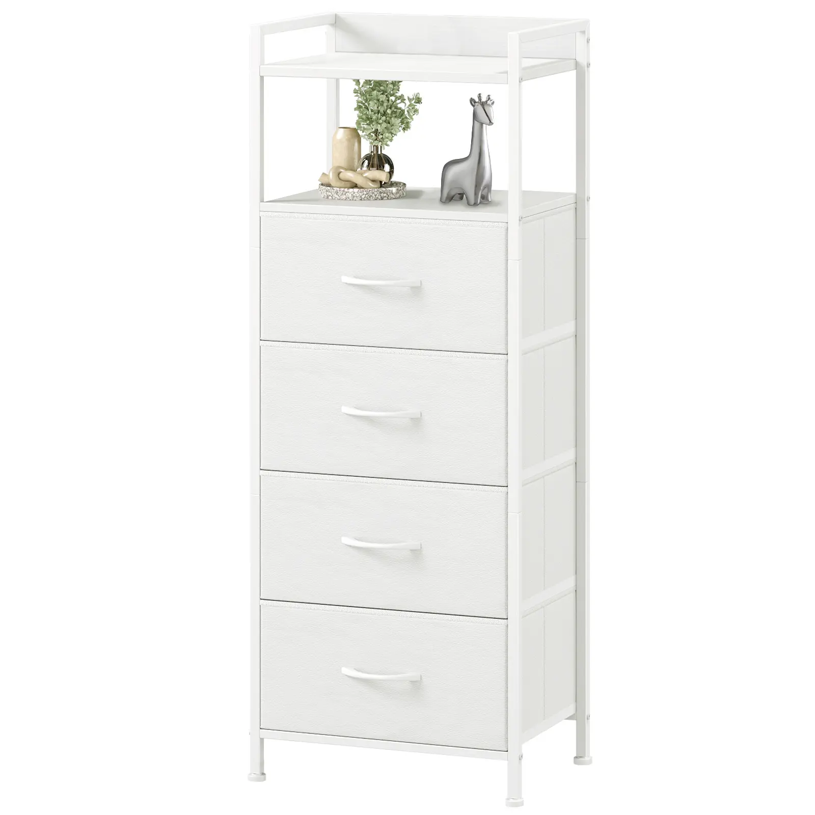 Somdot White Modern Fabric Drawer Dresser - 4-Drawer Skinny Storage Tower for Bedroom, Night Stand & Side Table Indoor Storage Needs, Fabric Drawer Dressers, Night Stand Drawer