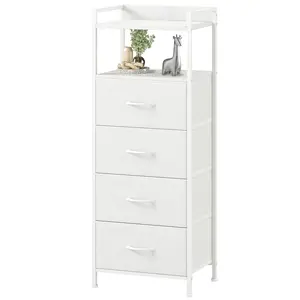 Somdot White Modern Fabric Drawer Dresser - 4-Drawer Skinny Storage Tower for Bedroom, Night Stand & Side Table Indoor Storage Needs, Fabric Drawer Dressers, Night Stand Drawer