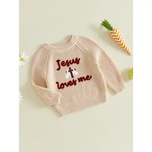 Toddler Baby Boy Easter Sweater Cross Letter Embroidered Long Sleeve Crewneck Knit Tops for Spring Fall