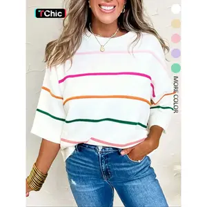 Women's Striped Print Lightweight Knit Sweater, Casual Short Sleeve Round Neck Jumper for Daily Wear, Ladies Knitwear for Spring & Fall