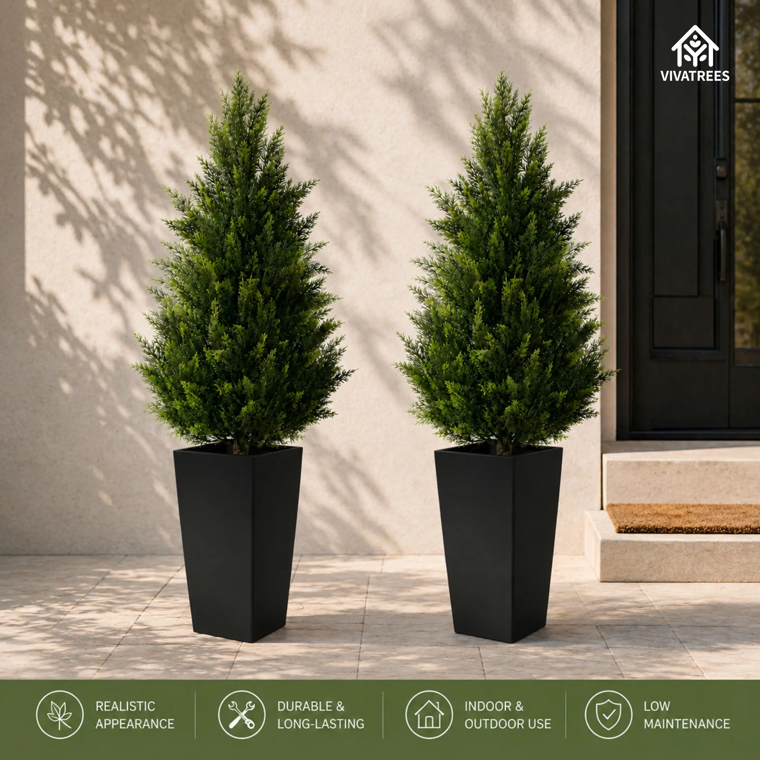 [Set of 2] 3FT/ 4FT/ 5FT Artificial Cedar Topiary Trees Faux Cypress Trees with Rustic Barrel Planter, Square Black Planter Pot UV Resistant Indoor Outdoor Plants for Porch Patio Entryway Home Decor