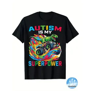 Autism Awareness "Autism is My Superpower" Dinosaur T-Rex Truck Graphic Kids T-Shirt - 100% Cotton Soft Breathable Short Sleeve Tee, Vibrant Colors & Playful Design, Comfort Fit Casual Shirt for Boys & Girls, Autism Awareness Shirt