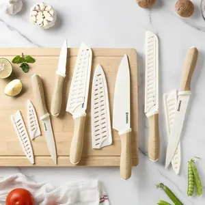 GOODA 12PCS Kitchen Knife Set with Sheaths | Nonstick Ceramic Coating | Ultra Sharp Stainless Steel Blades | Wood Grain Handle | Chef & Utility Knives for Home Cooking