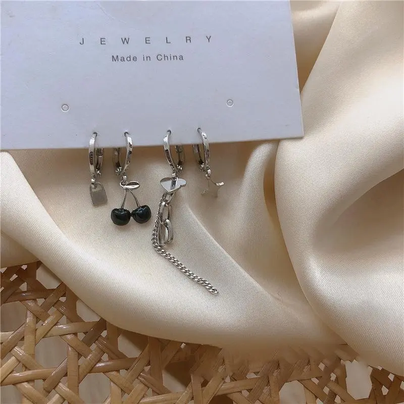4pcs Drop Earrings Set for Women Silver Color EarLoop Gothic Heart Star Lock Cherry Chain Tassel Dangle Earrings Trendy Jewelry