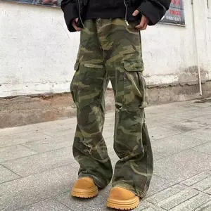 Men’s spring–autumn camouflage cargo pants — trendy loose casual wide-leg straight pleated denim trousers for sports and high street