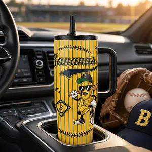 1pc 40oz Baseball Cartoon Banana Tumbler with Handle & Straw, Funny Sports Stainless Steel Insulated Travel Mug,Cool Sports Cup, Perfect Gift for Baseball Fans, Friends, Men & Women