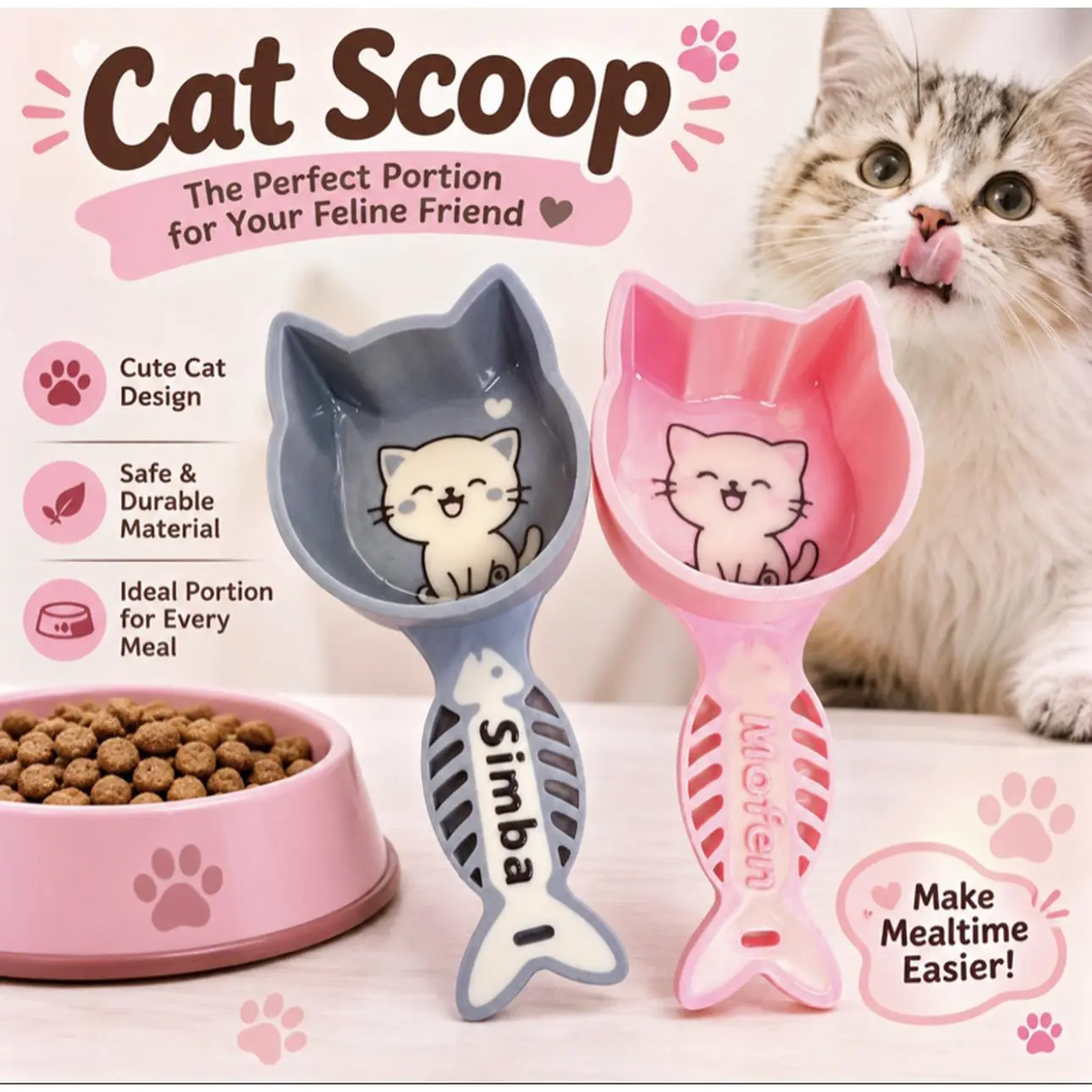 Customize Cat Scoop for Food - Cute Cat Design, Safe & Durable Material, Ideal Portion for Every Meal, Make Mealttime Easier! You can pick the color and pet name !!