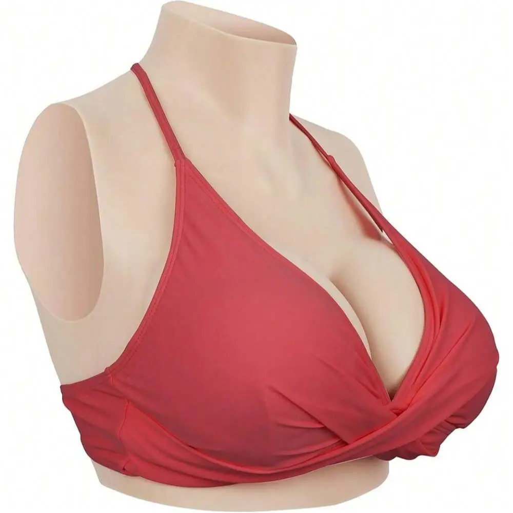 Silicone Breast Form Chest Plate with High Collar, Seamless Realistic Bust for Crossdresser Cosplay and Halloween Costumes, C-G Cup with Natural Move, Accessories, Cosplay Wear, Women, Cup Sizes