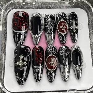 Handmade Gothic Cross Press On Nails | Black & Red Swirl, Silver Frame and Cross Charms | Dramatic Nails For Dark Aesthetic Vibe