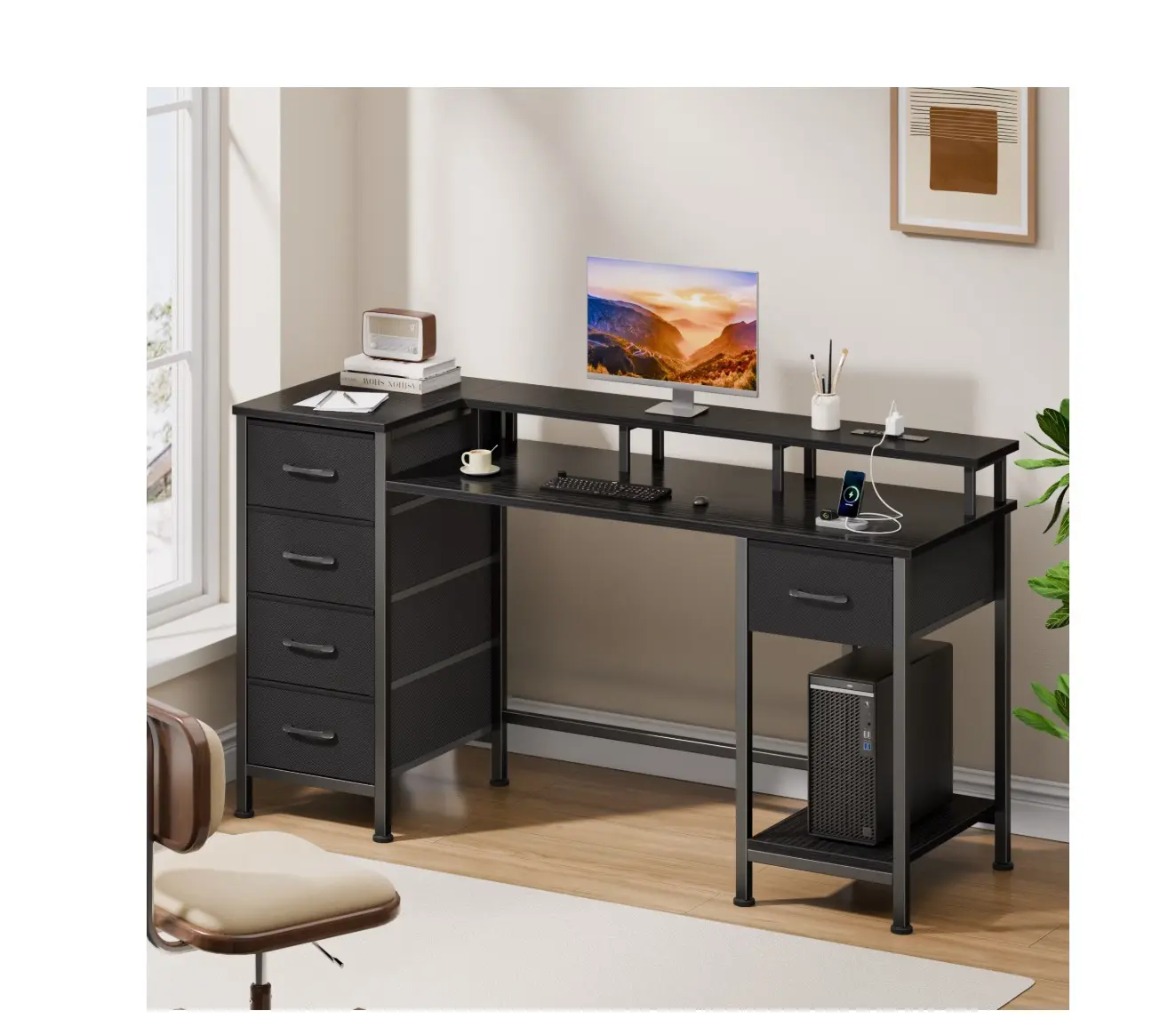 Gaming Desk with LED Lights & Power Outlets, 47" Computer Desk with 5 Fabric Drawers & Open Storage, Reversible Home Office Desk,Black