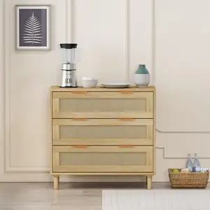 3-Drawer Rattan Storage Cabinet – 3 Deep Drawers for Ample Storage Space. Oak Finish, Natural Rattan Design. Perfect for Bedroom, Living Room or Hallway