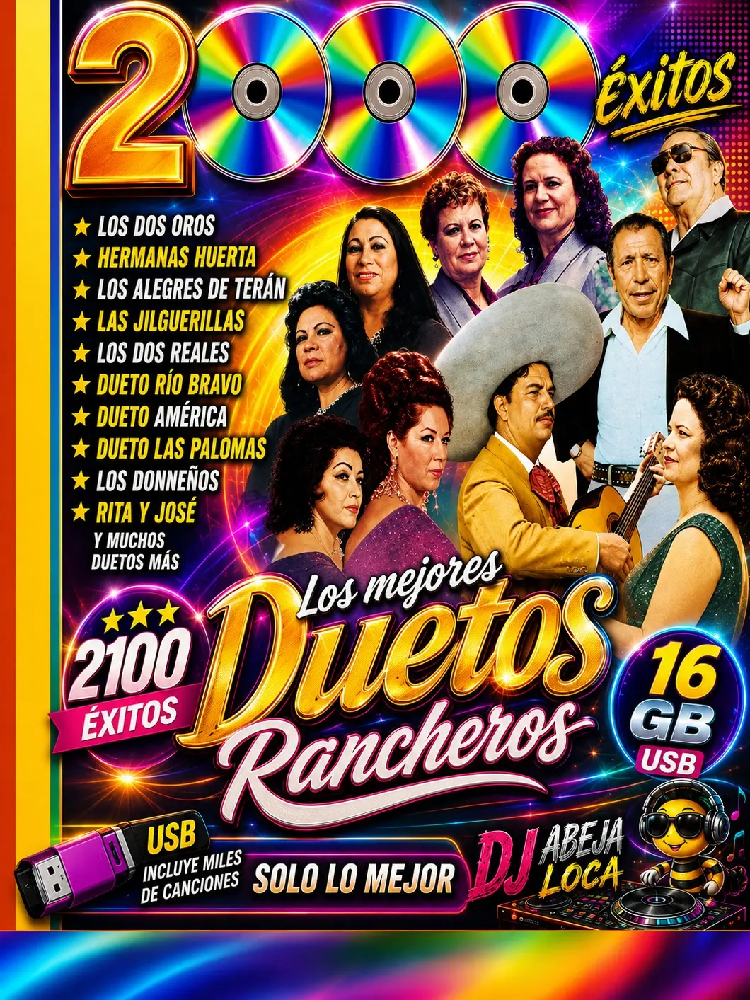LOS MEJORES DUETOS RANCHEROS 2100 canciones 16GB USB Drive