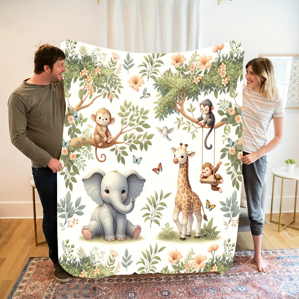 Safari Nursery Blanket - Soft Flannel Jungle Animal Print (Elephant, Giraffe, Monkey) with Botanical Theme, Cozy Texture for Crib & Couch, Baby Kids Throw for Nursery Use, Green Baby Shower Gift