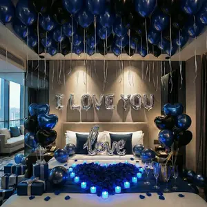 Blue & Black Proposal Decorations Kit – I LOVE YOU Balloons with Blue LED Tea Lights, Heart Balloons & Rose Petals, Romantic Hotel Room Decor for Him Valentine's Day Decor