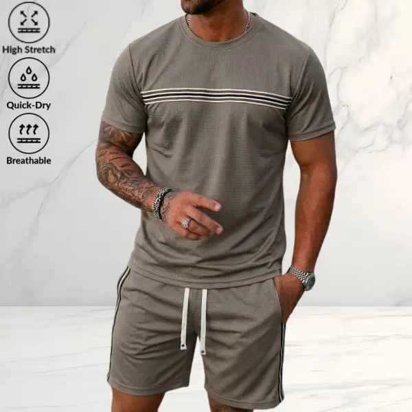 Men’s summer sports casual set: short-sleeve crewneck top and shorts with elastic waistband and drawstring; versatile men’s outfit for daily commuting, running, fitness, shopping, and home wear.