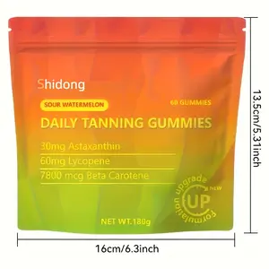 Shidong Daily Tanning Gummies Sour Watermelon Flavor 60 Gummies with 30mg Astaxanthin 60mg Lycopene 7800 mcg Beta Carotene for Natural Sun-Kissed Complexion