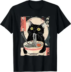 100% Cotton Kawaii Cat Eating Ramen Noodles Funny Anime Gift Girls Teens T-Shirt