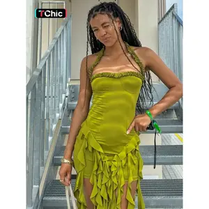 Women's Plain Ribbon Halter Neck Ruffle Hem Bodycon Dress, Sexy Y2K Octopus Dress, Chic Backless Sleeveless Mini Dresses for Party Club Dating Wear, Ladies Summer Fashion Clothes, Valentine's Day Gift for Girl, Womenswear