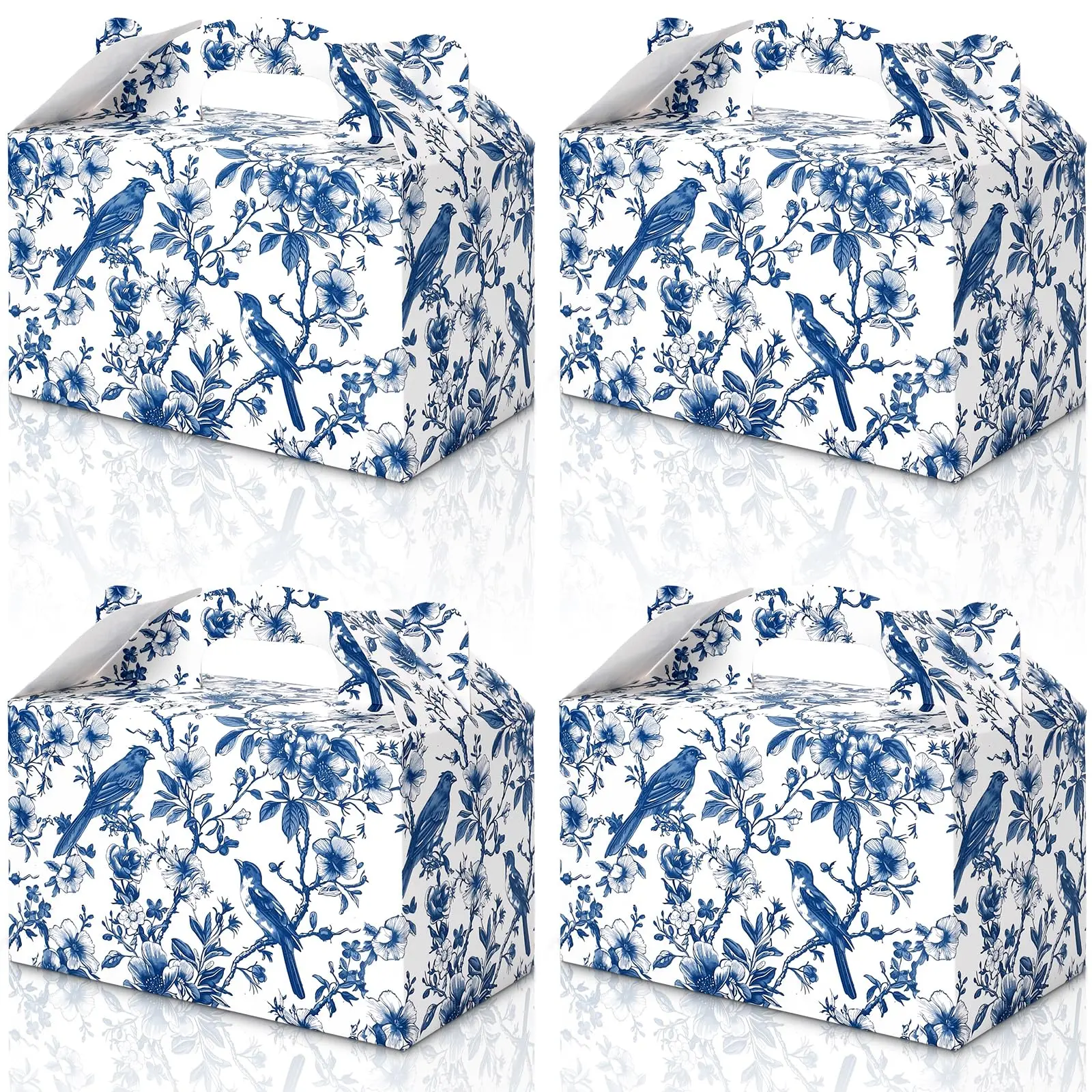 24 Pack Reusable Blue Floral Bird Chinoiserie Gable Gift Boxes - Office Stationery Packaging for Party, Valentine's Day Wrapping Supplies, Vintage Paper