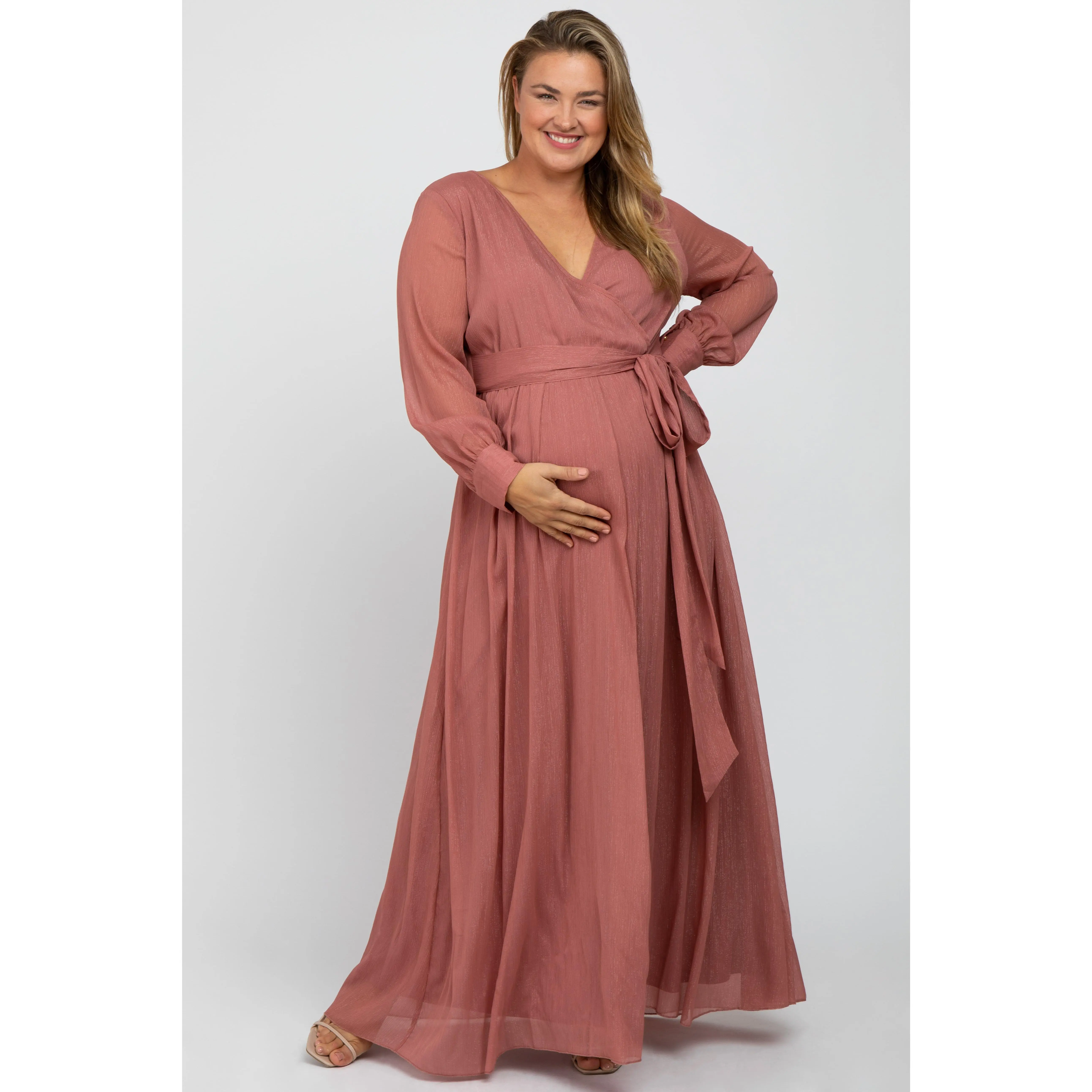 Pink Metallic Chiffon Maternity Plus Maxi Dress