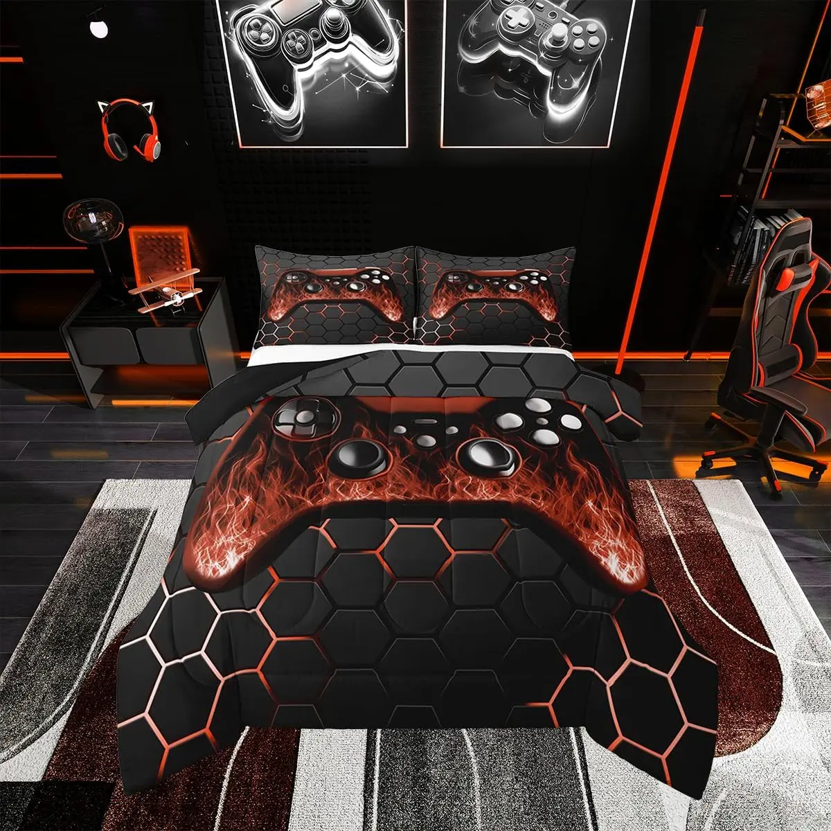 Gaming Comforter Sets,Gamer Bedding Sets,Gaming Room Decor Game Comforter,Soft Brown Black Geometric Honeycomb Bed Quilt