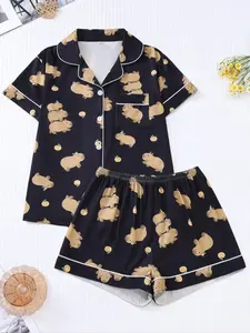 Women's Two-Piece Pajama Set, Casual Comfortable Short Sleeve Shirt & Elastic Waist Shorts, All-Season Cartoon Animal Print Sleepwear Loungewear