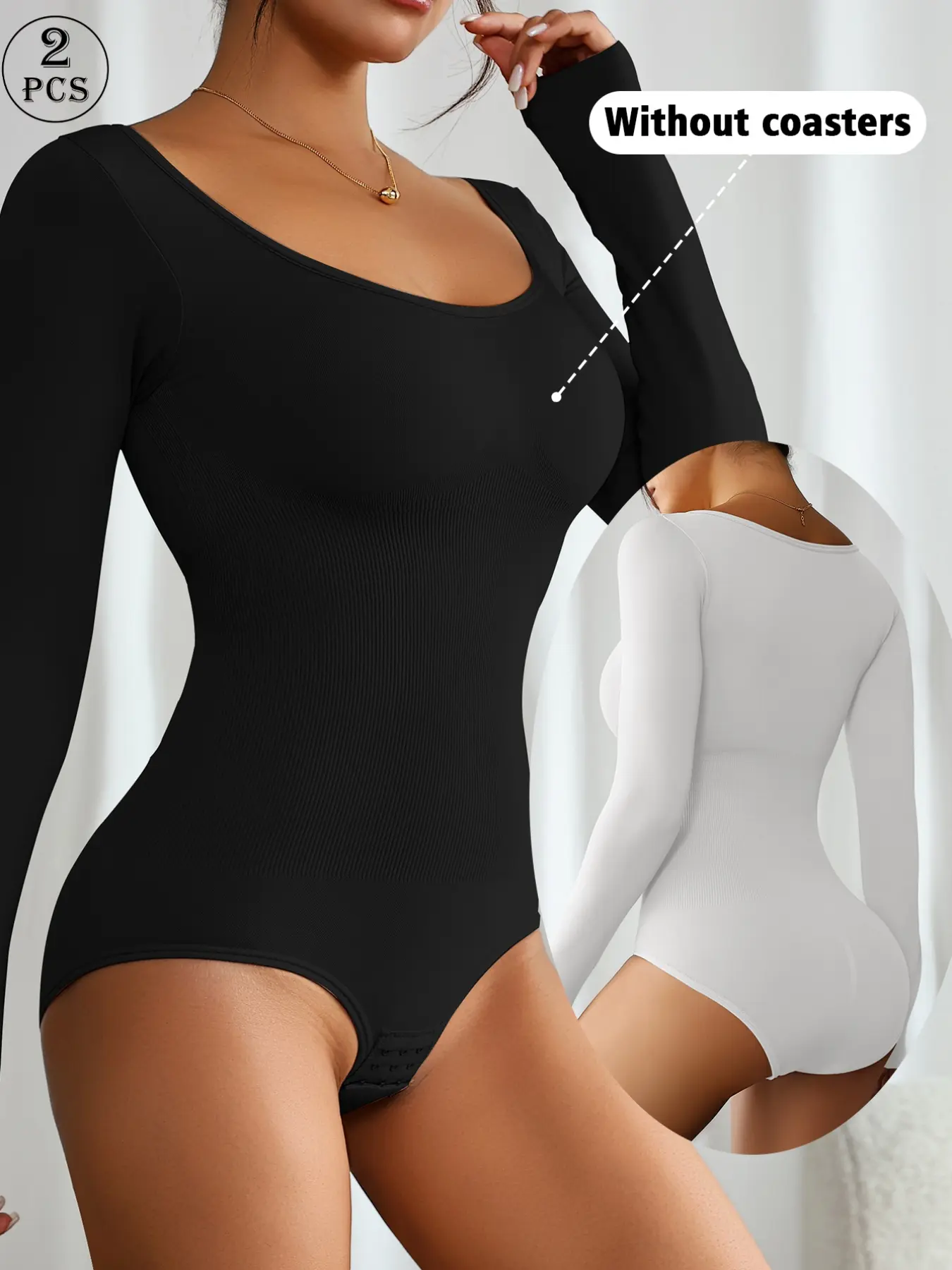 2 piece set Solid Color High-Stretch Bodysuit with Crotch Snap, Women's Autumn and Winter Long Sleeve, Everyday Casual Yoga Exercise, Tummy Control, Compression Belly Control, Hip Lifting, Body Shaping, Shapewear Bodysuit, Compression Body Shapewear
