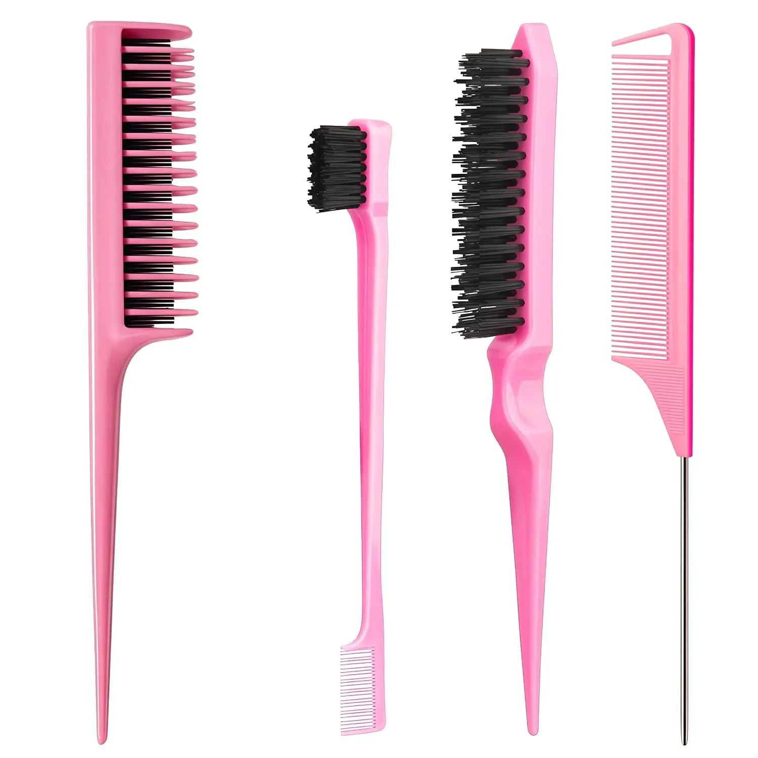 4-Piece Hair Styling Brush Set – 3-Row Teasing Comb, Edge Brush & Rat Tail Comb for Women & Girls, Hair Parting & Styling Tools, Pink