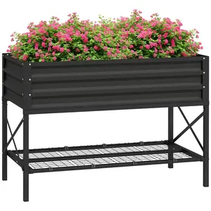 Outsunny Raised Garden Bed with Galvanized Steel Frame, Storage Shelf and Bed Liner, Elevated Planter Box with Legs for Vegetables, Flowers, Herbs, Black