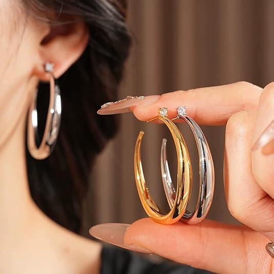 Women's 14 Karat Gold & White Gold Plated Chunky Hoop Earrings - Lightweight, Hypoallergenic, Bold Design Womens Jewelry - Daily & Party Wear Accessories, Ideal Birthday Holiday Gifts, Gold Hoop Earring Set, Bold Design Earrings