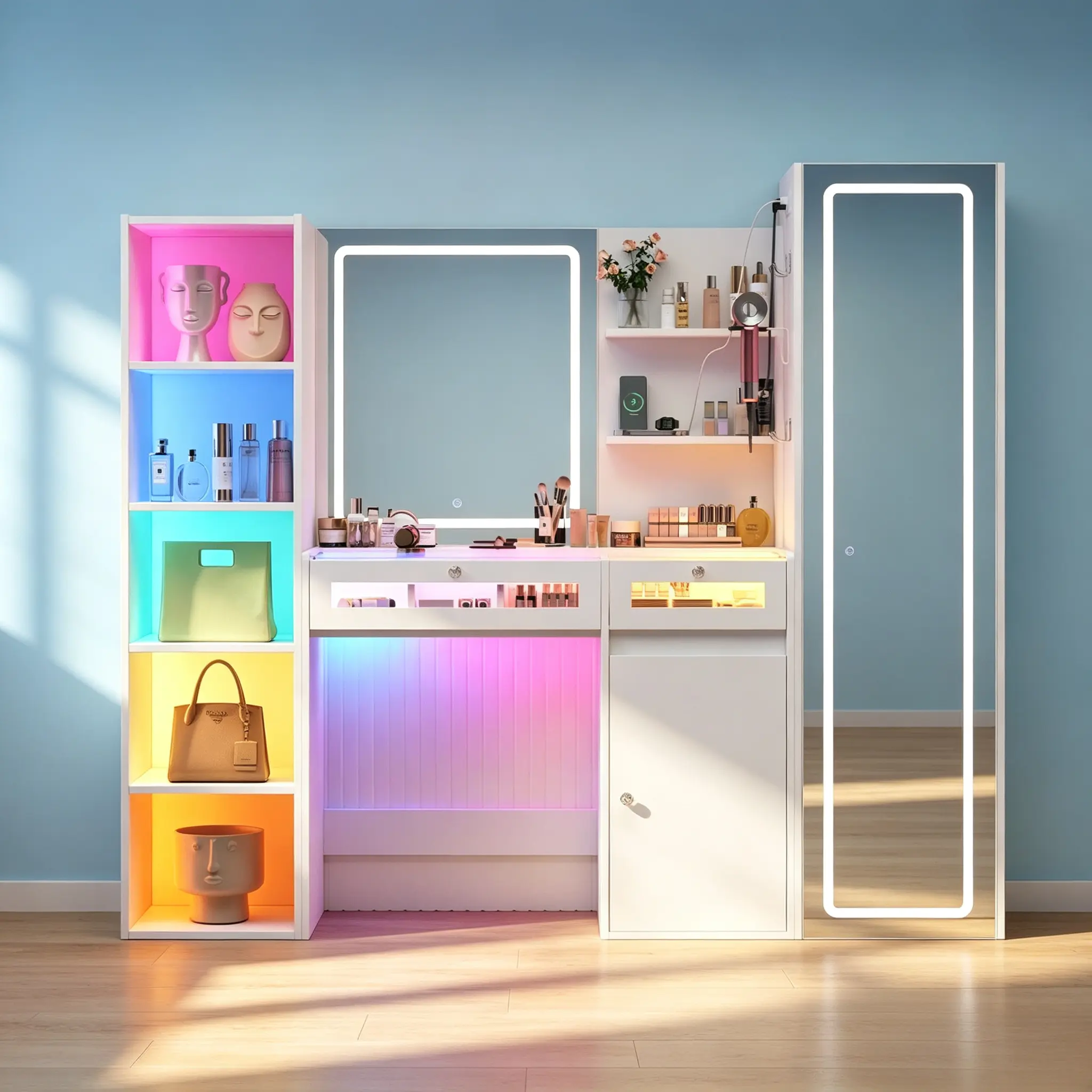 CollaredEagle White Vanity with Mirror - Full-Length Mirror Desk, RGB Drawers, Transparent Top, Charging Storage Shelves (10 Shelves), Bottles Organizer, Bedroom Beauty Furniture, Bottles Organizer Makeup Vanities