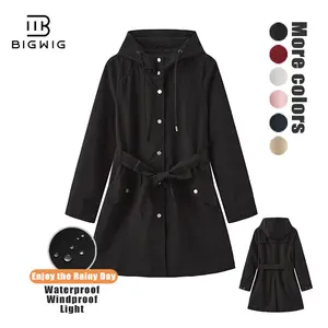 BIGWIG Women's Striped Long Hooded Raincoat, Lightweight Waterproof Windproof Outdoor Jacket, Suitable for Hiking